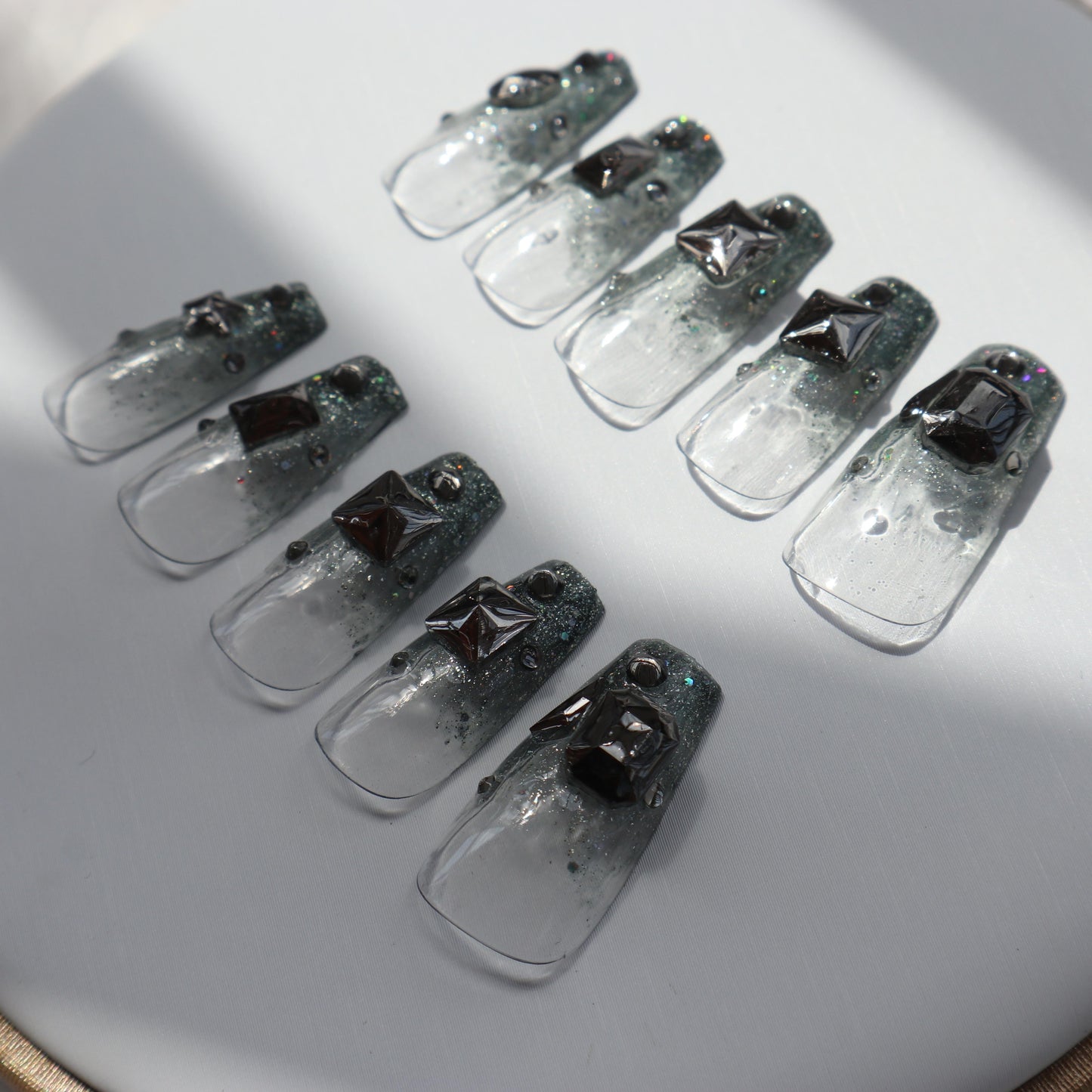 Designer: XinXin 22. Cool rivet transparent handmade nails Press on Nails DIY Nail Art