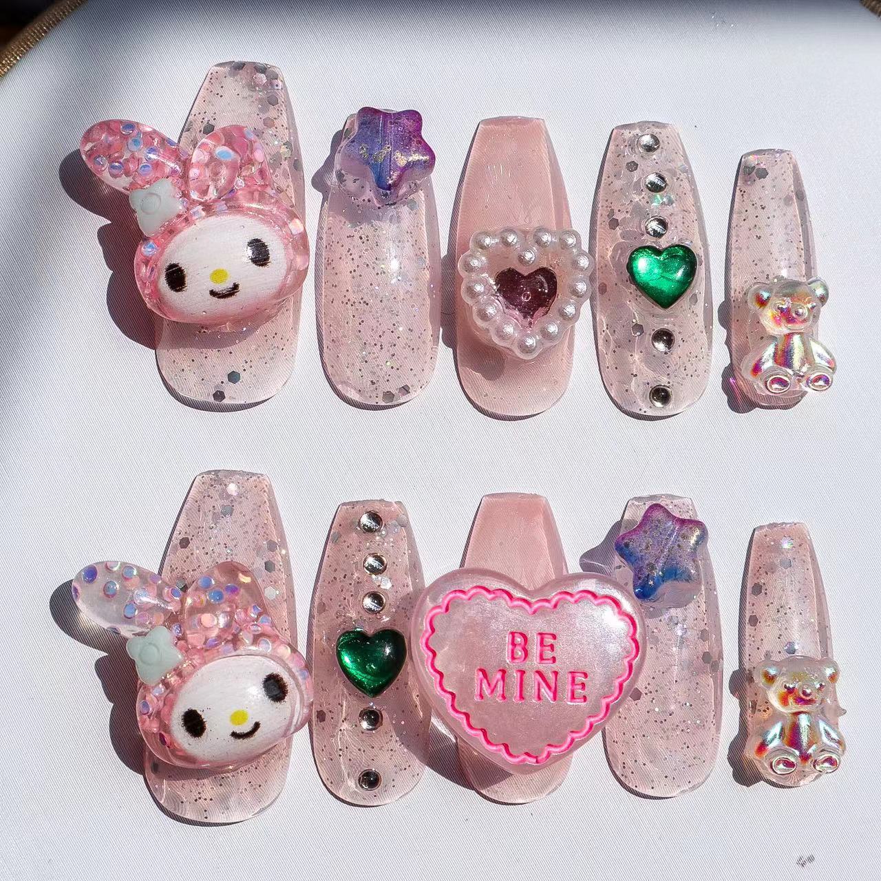 Designer: XinXin 89.My melody cute pink handmade nails Press on Nails DIY Nail Art