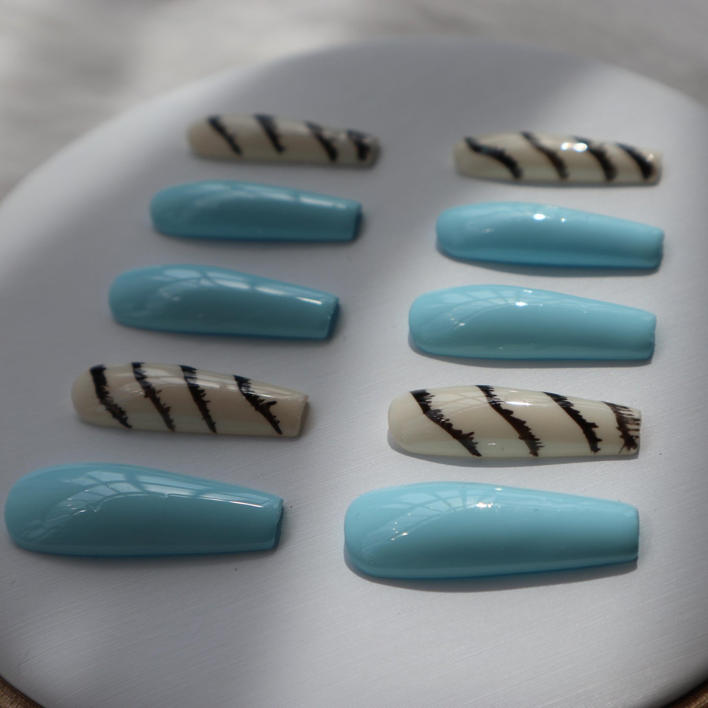 Designer: XinXin 79.Blue long T handmade nails Press on Nails DIY Nail