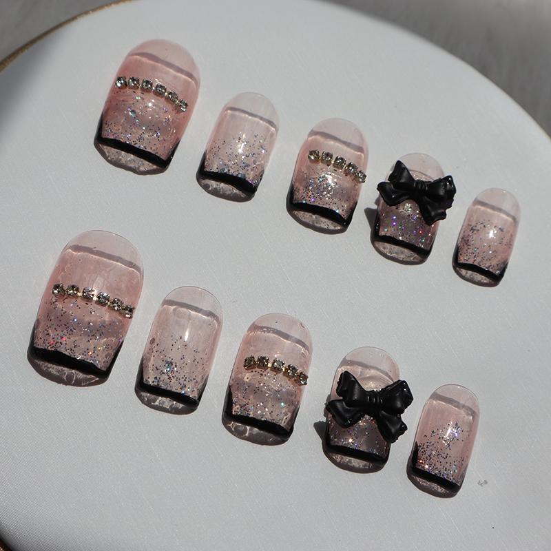 Designer: XinXin 37.Pink rhinestones black bow-knot short  handmade nails Press on Nails DIY Nail Art