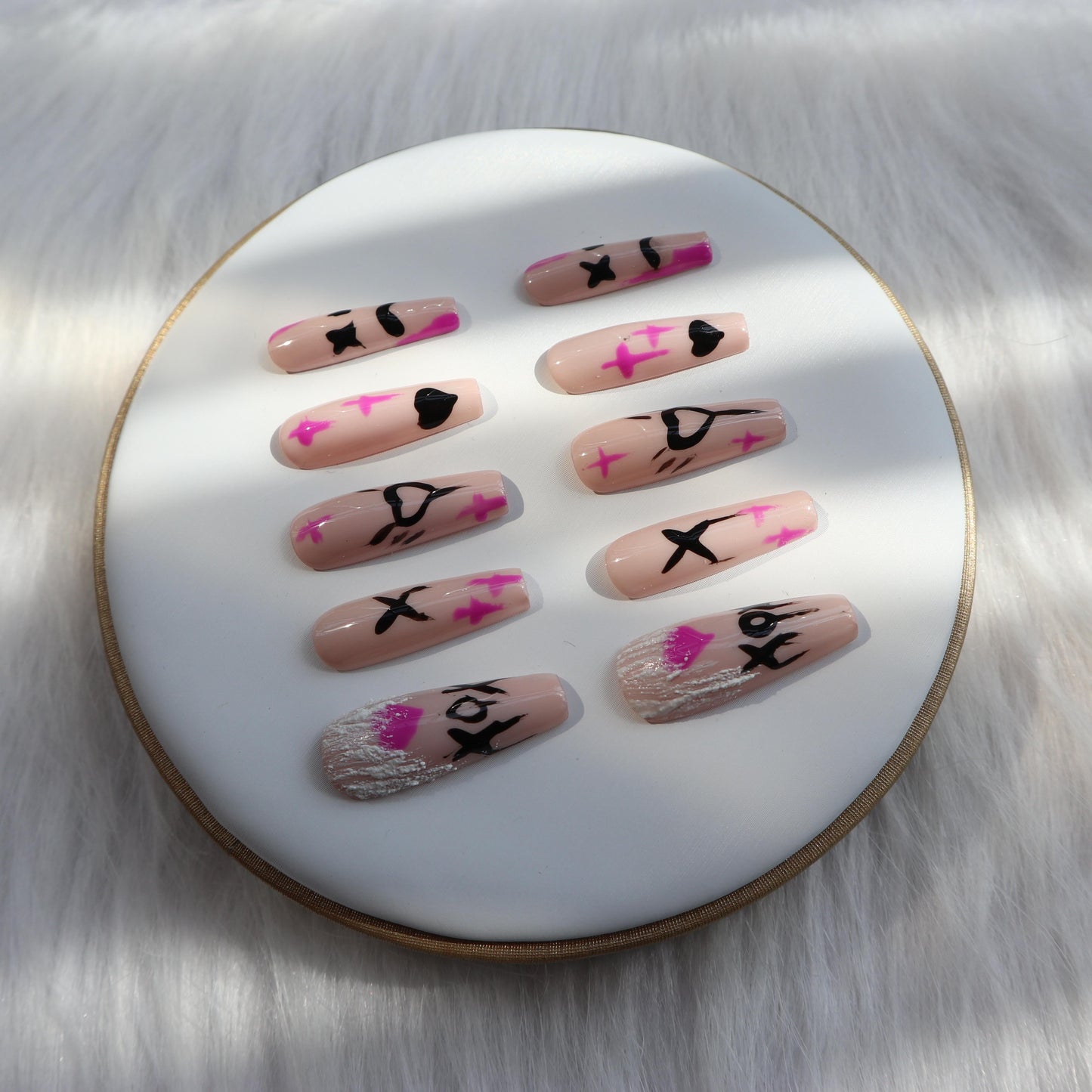 Designer: XinXin 61.Pink painting long T handmade nails Press on Nails DIY Nail