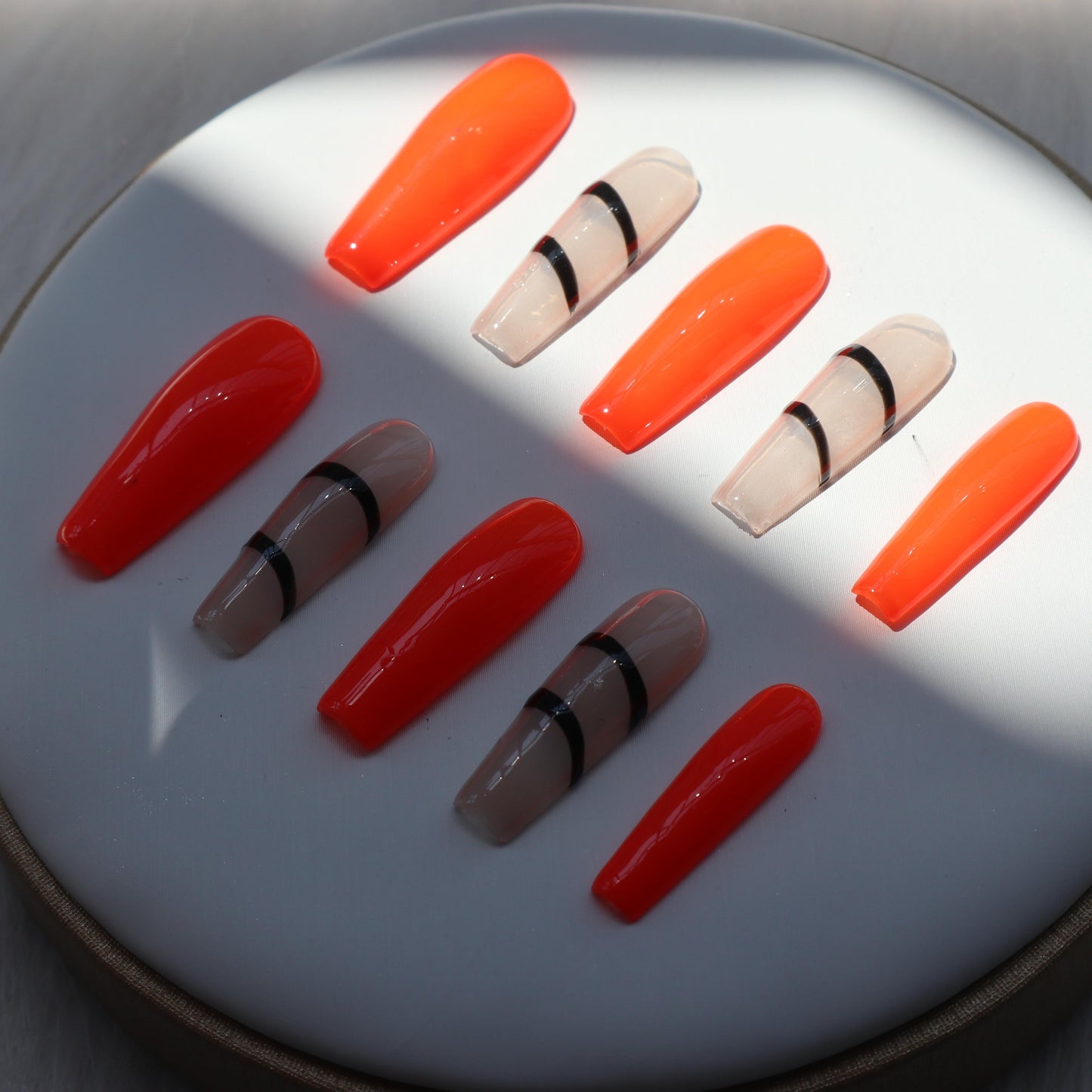 Designer: XinXin 49.Painting fluorescent orange long T handmade nails Press on Nails DIY Nail