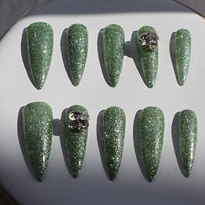 Designer: XinXin 76.Green rhinestone Shining handmade nails Press on Nails DIY Nail