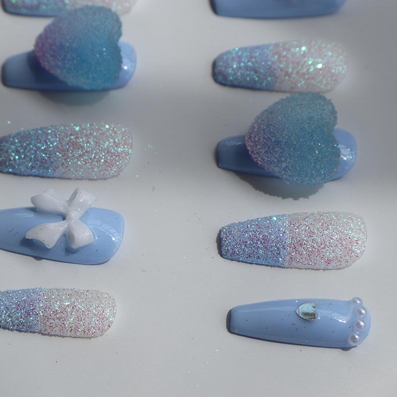 Designer: XinXin 41.Blue frosted heart bow-knot handmade nails Press on Nails DIY Nail Art