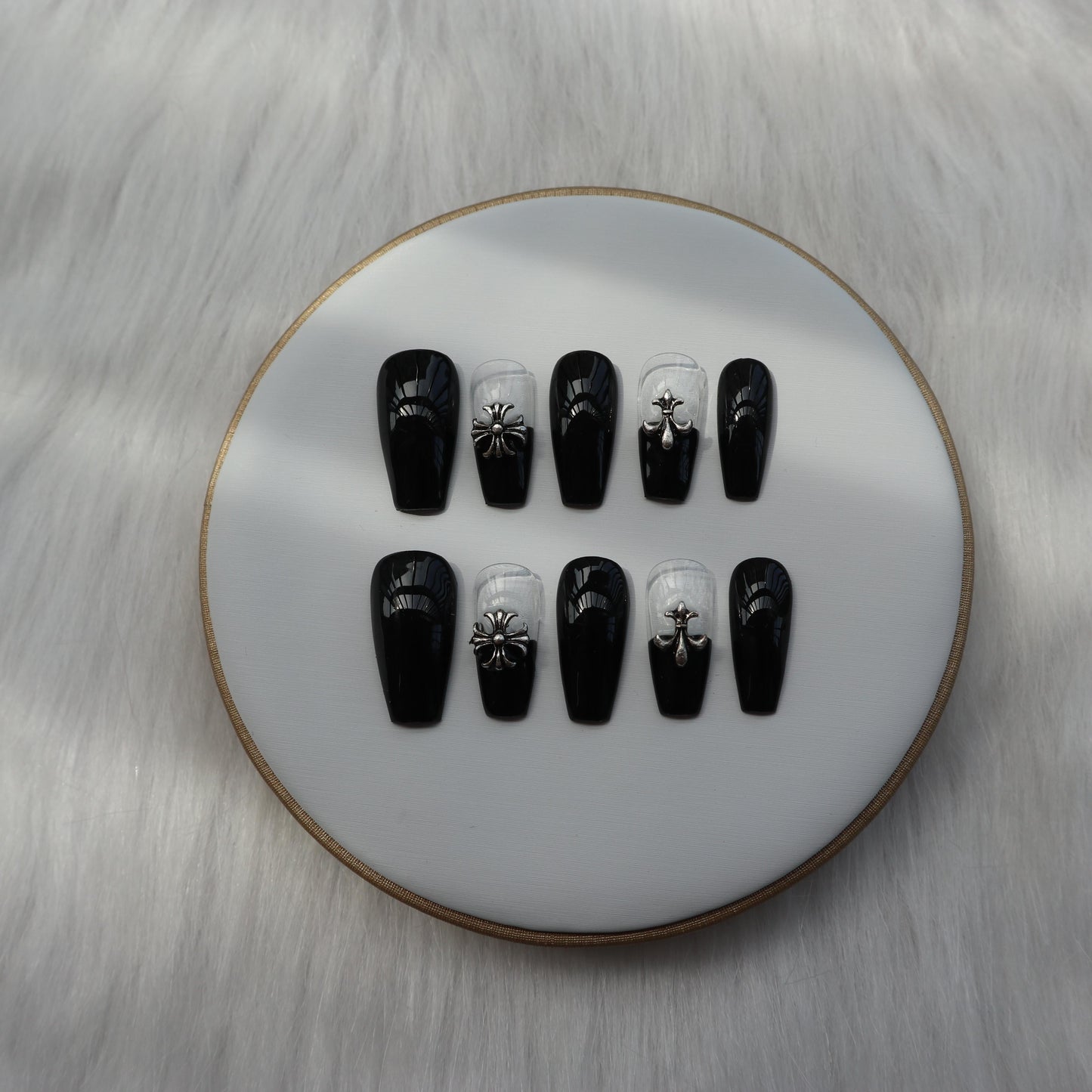 Designer: XinXin 26. Goth Black transparentChrome cross handmade nails Press on Nails DIY Nail Art