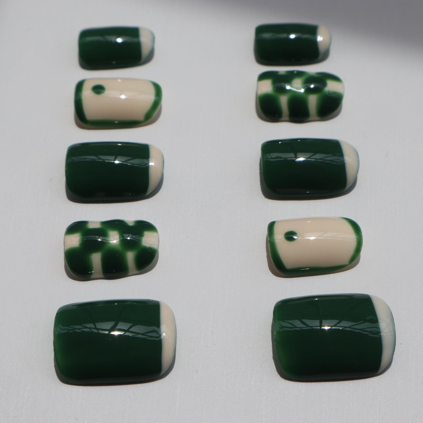 Designer: XinXin 6. Green white checkered short square handmade nails