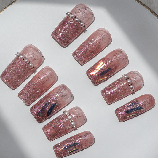 Designer: XinXin 34.Pink Shining long square handmade nails Press on Nails DIY Nail Art