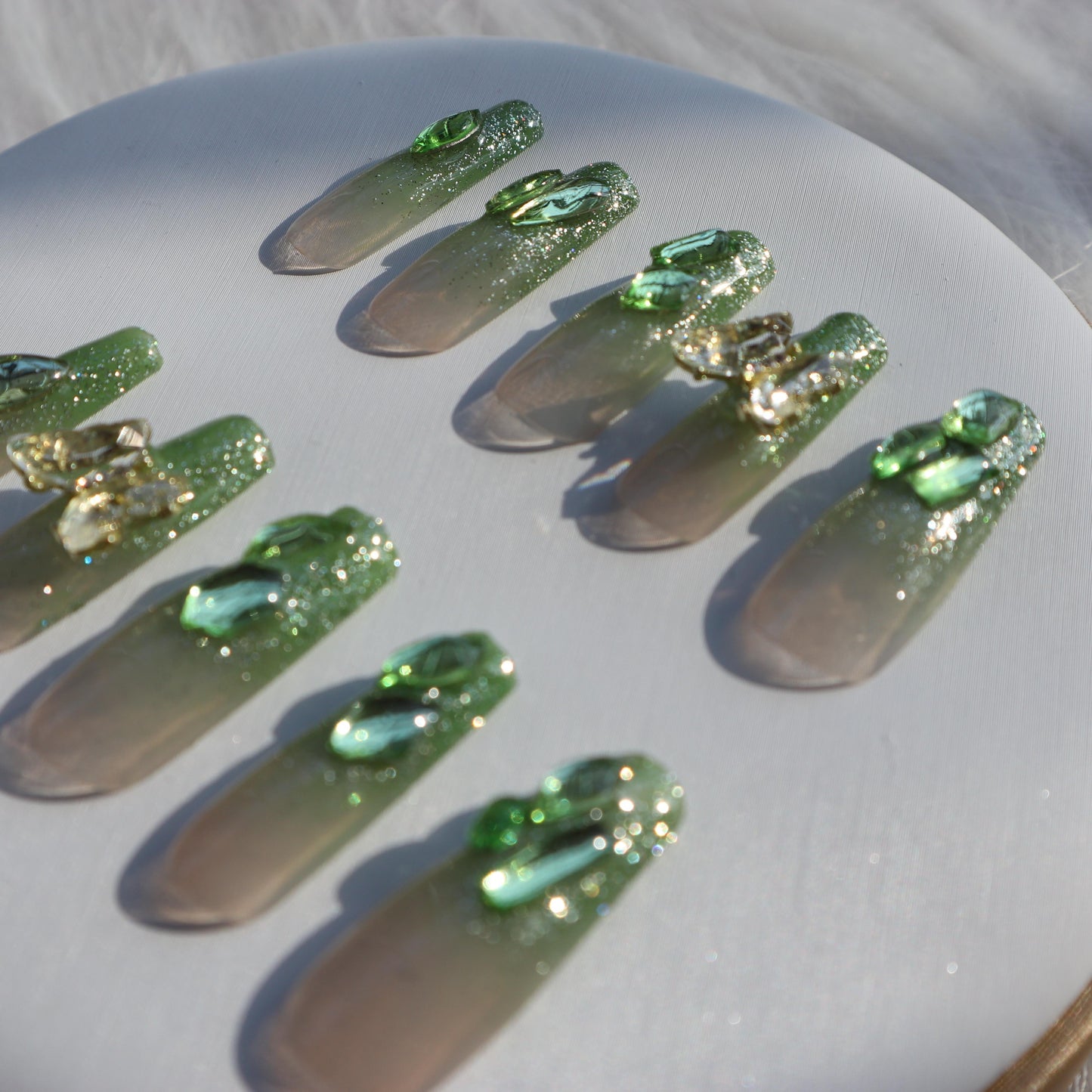 Designer: XinXin 72.Green Shining long T handmade nails Press on Nails DIY Nail