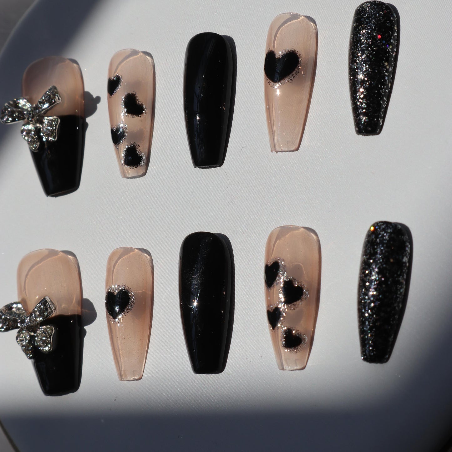 Designer: XinXin 53.Black pink rhinestones bow-knot heart handmade nails Press on Nails DIY Nail