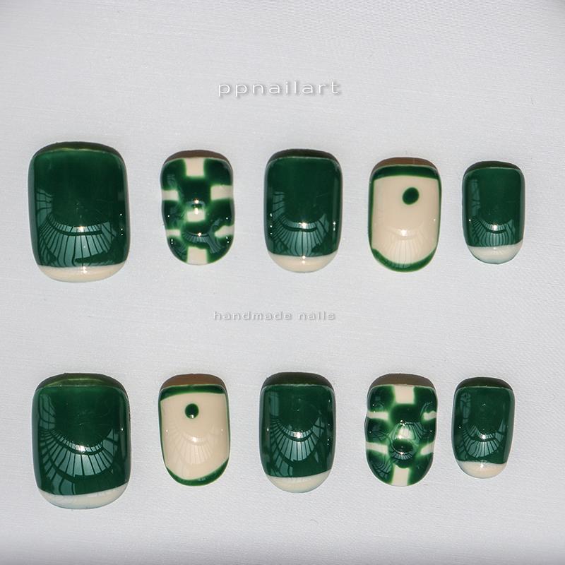 Designer: XinXin 6. Green white checkered short square handmade nails