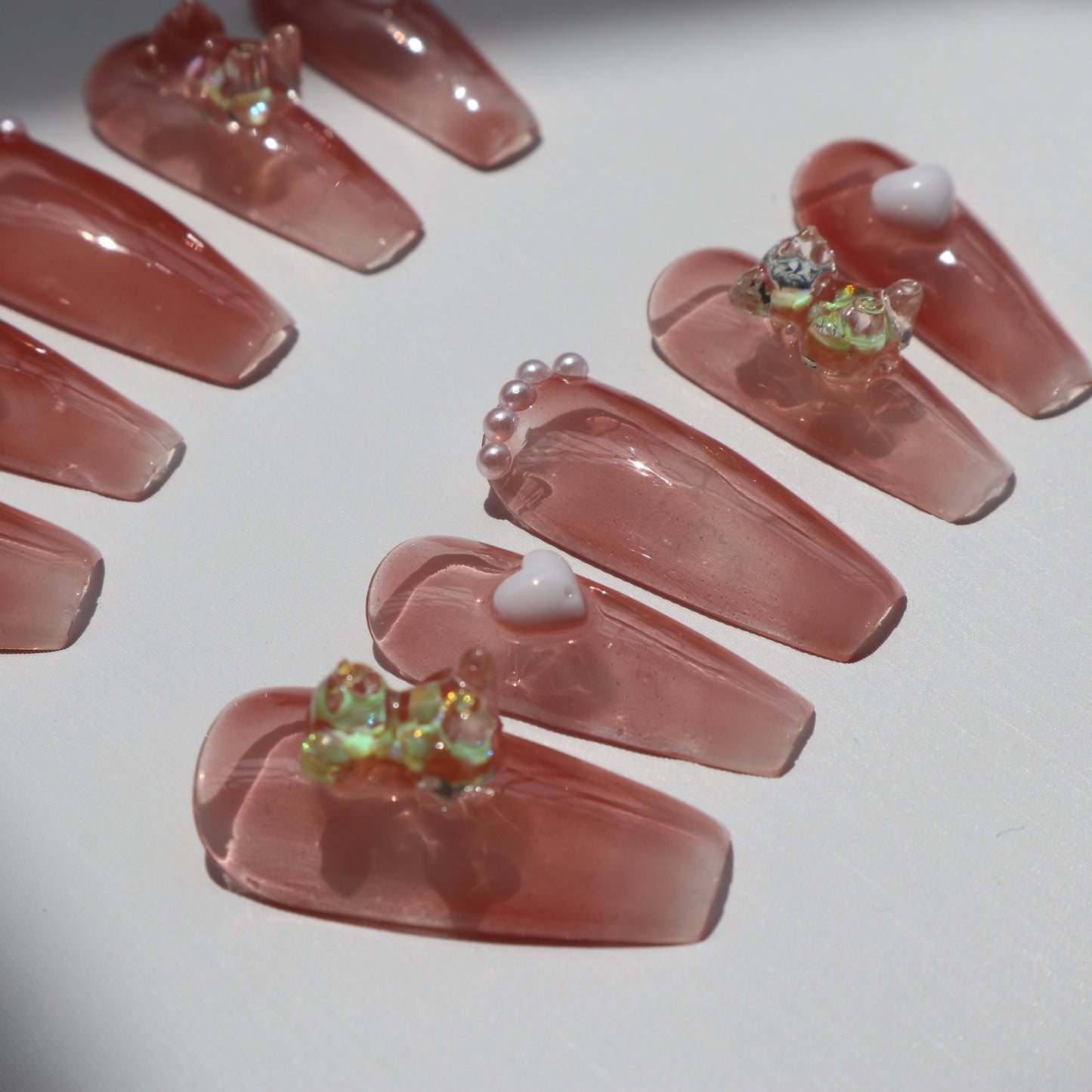 Designer: XinXin 35.Gummy bear pink heart handmade nails Press on Nails DIY Nail Art