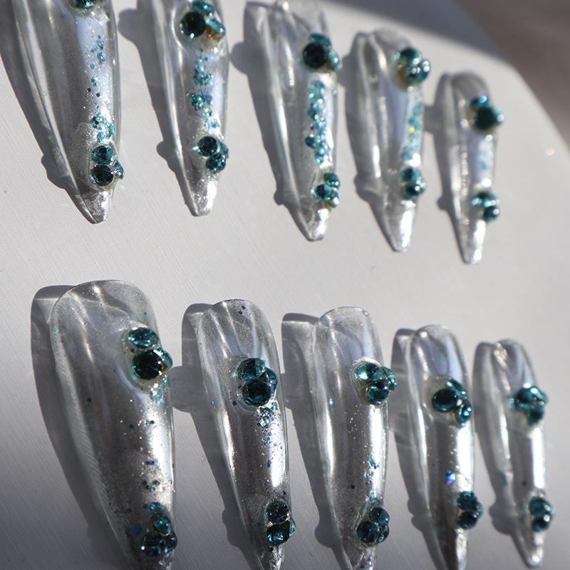 Designer: XinXin 68.Silver rhinestones almond handmade nails Press on Nails DIY Nail