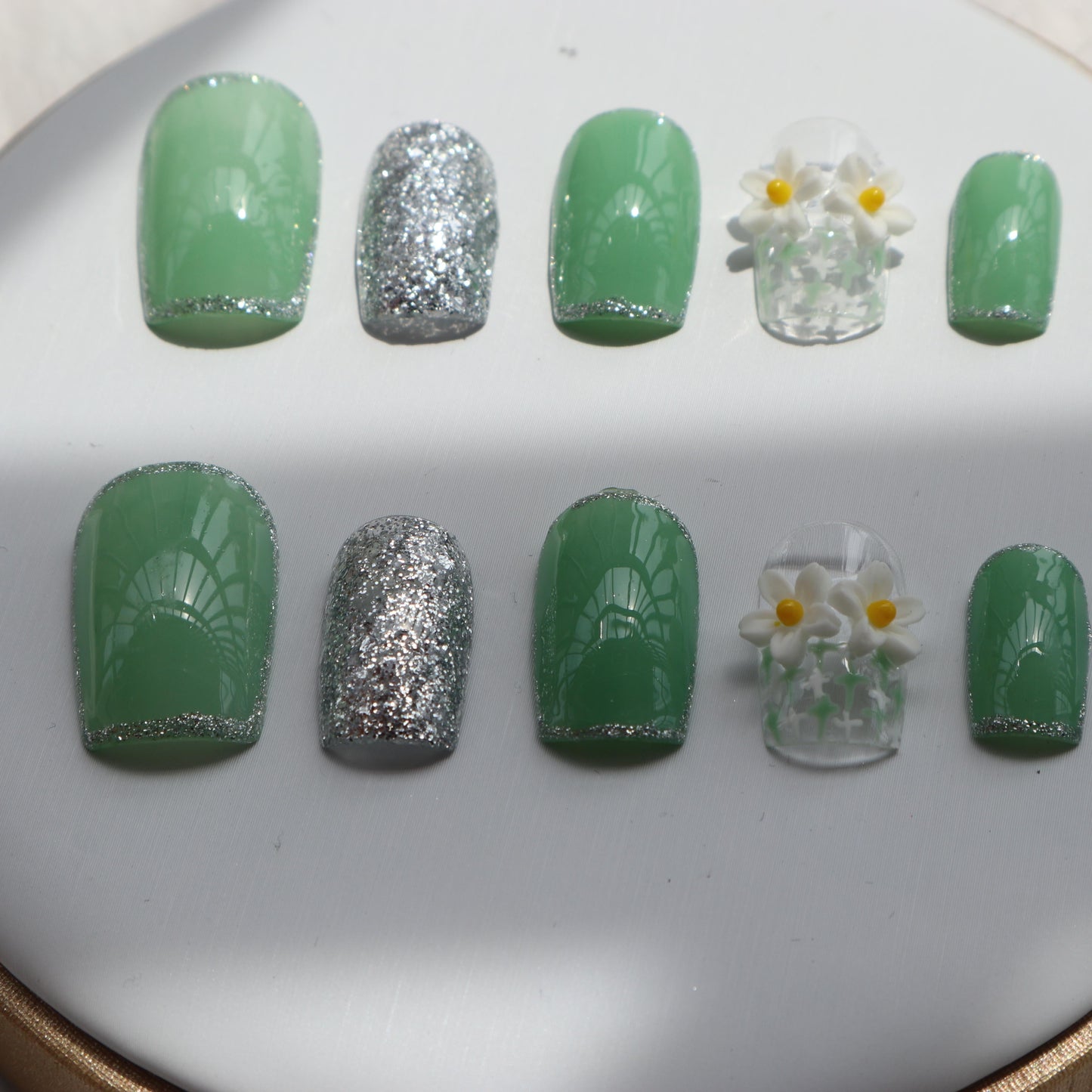 9. Light Green 3D flowers long handmade nails