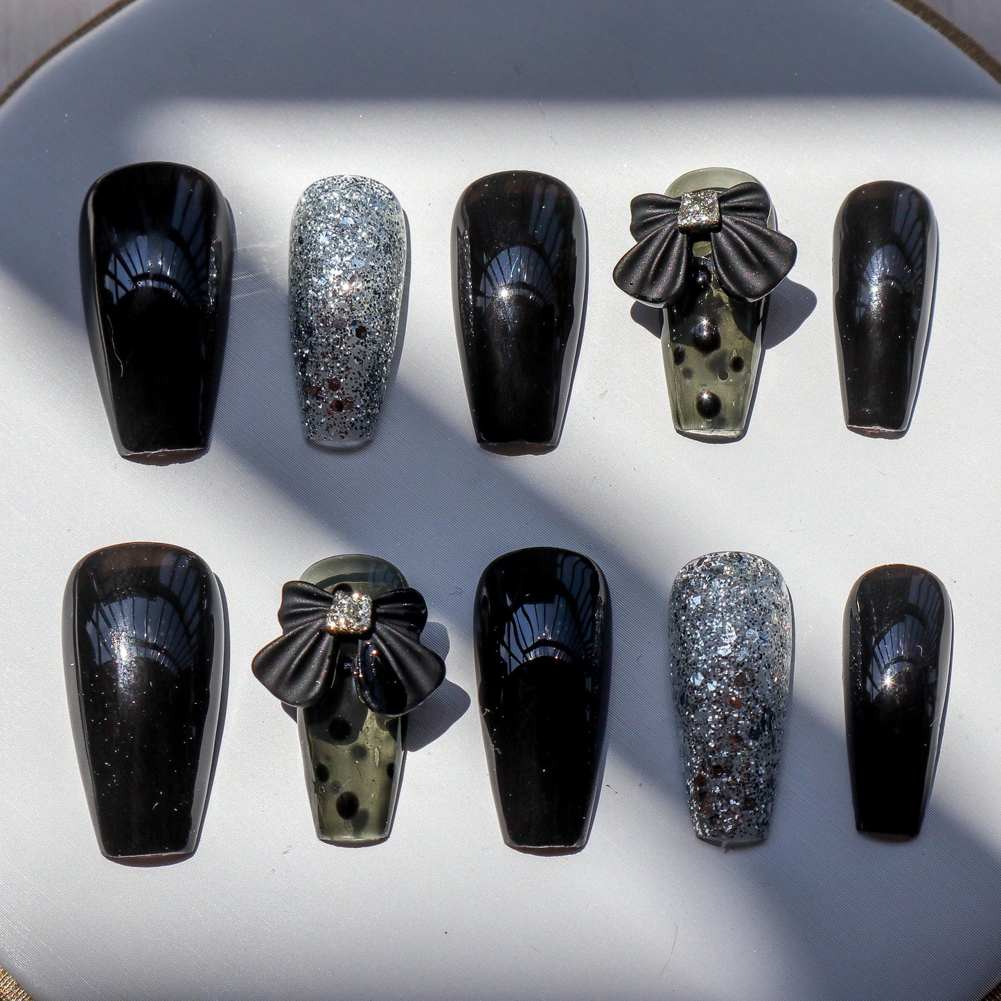 Designer: XinXin 54.Black silver bow-knot heart handmade nails Press on Nails DIY Nail