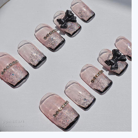 Designer: XinXin 37.Pink rhinestones black bow-knot short  handmade nails Press on Nails DIY Nail Art