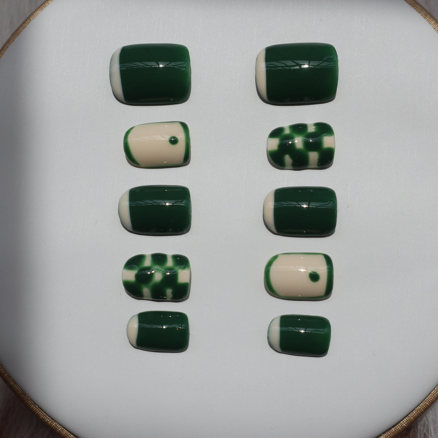 Designer: XinXin 6. Green white checkered short square handmade nails