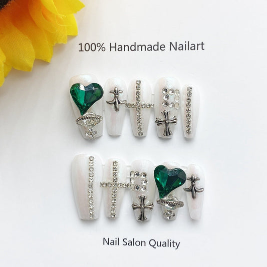 Handmade nails Press on nails DIY Nail Art for woman girl nail design Long Coffin Green Heart Diamond 2023