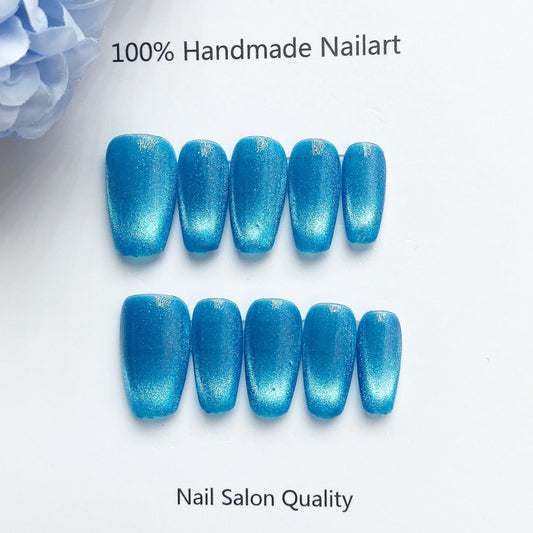 Handmade nails Press on nails DIY Nail Art for woman girl nail design Long Coffin Cat Eye Blue 2023