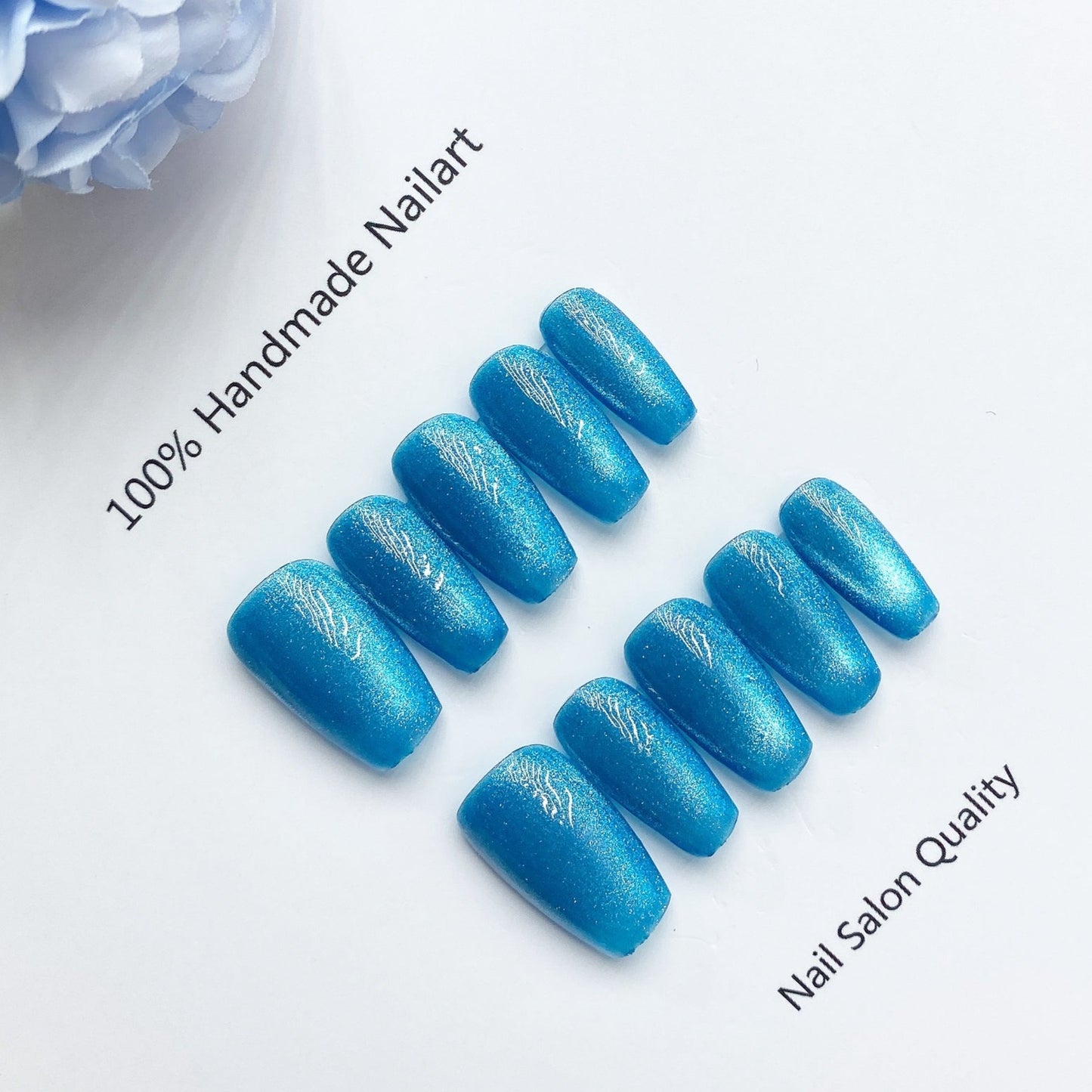 Handmade nails Press on nails DIY Nail Art for woman girl nail design Long Coffin Cat Eye Blue 2023