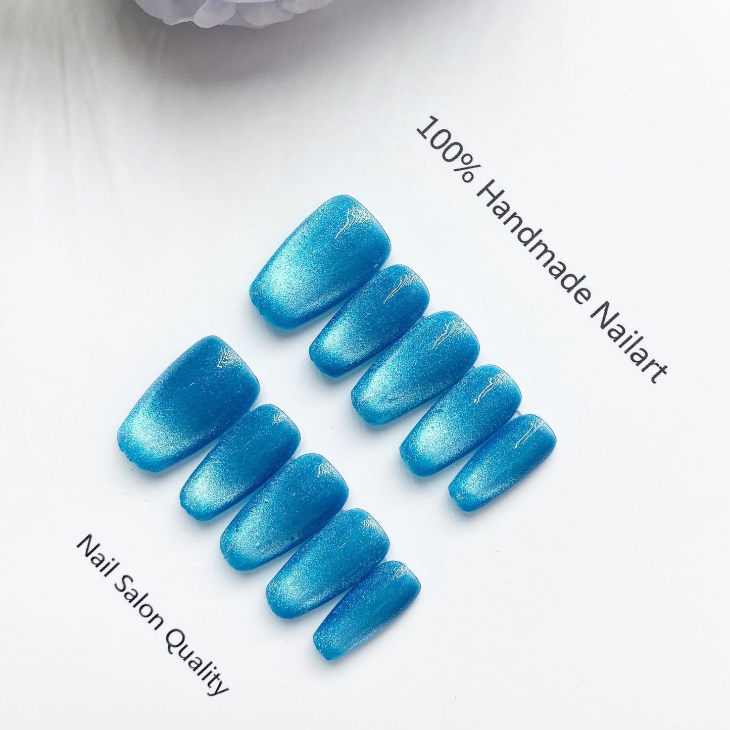 Handmade nails Press on nails DIY Nail Art for woman girl nail design Long Coffin Cat Eye Blue 2023