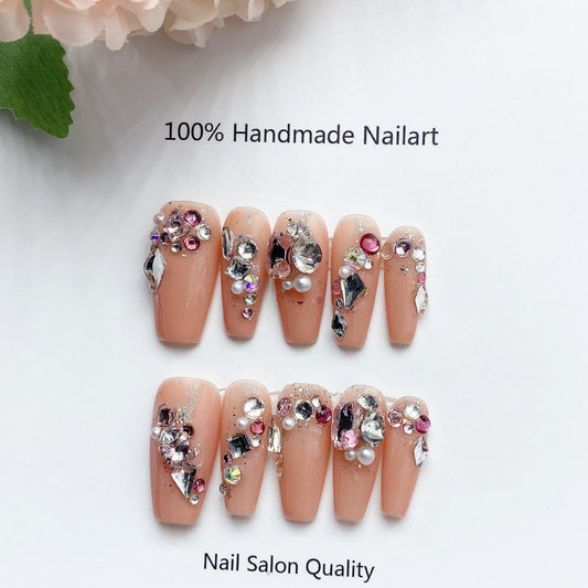 Handmade Nails Press on Nails DIY Nail Art for Woman Girl Nail Design Long Coffin Pink Diamond 2023