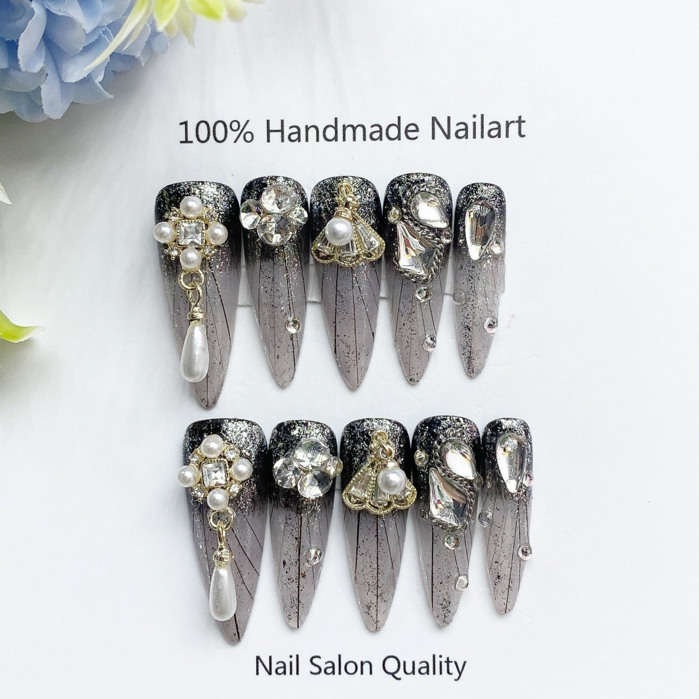 Handmade Nails Press on Nails DIY Nail Art for Woman Girl Nail Design Long Coffin Black Silver 2023