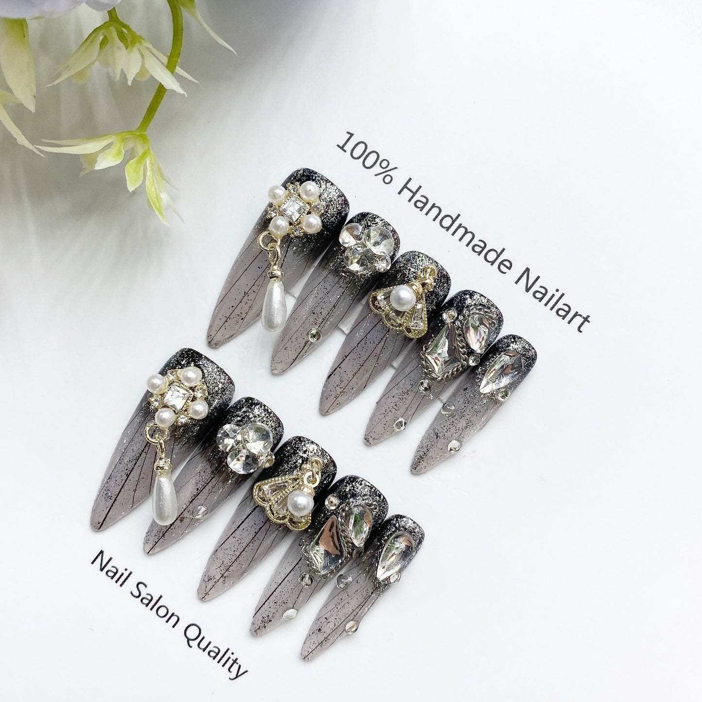 Handmade Nails Press on Nails DIY Nail Art for Woman Girl Nail Design Long Coffin Black Silver 2023