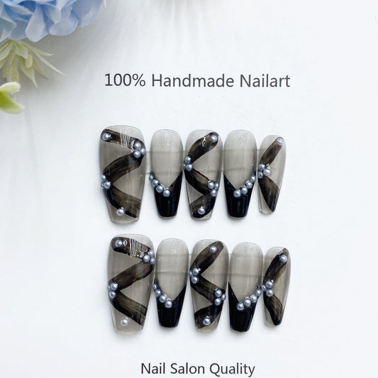 Handmade Nails Press on Nails DIY Nail Art for Woman Girl Nail Design Long Coffin Smoky 2023