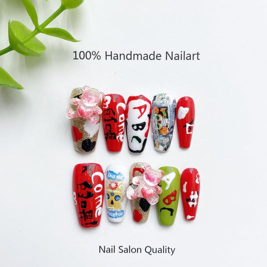 Handmade Nails Press on Nails DIY Nail Art for Woman Girl Nail Design Long Coffin Painting 2023