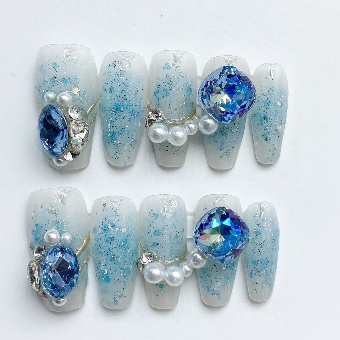 Handmade Nails Press on Nails DIY Nail Art for Woman Girl Nail Design Long Coffin Blue 2023