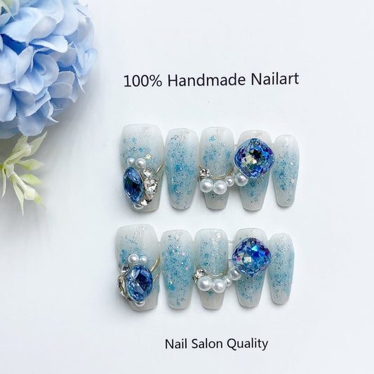 Handmade Nails Press on Nails DIY Nail Art for Woman Girl Nail Design Long Coffin Blue 2023