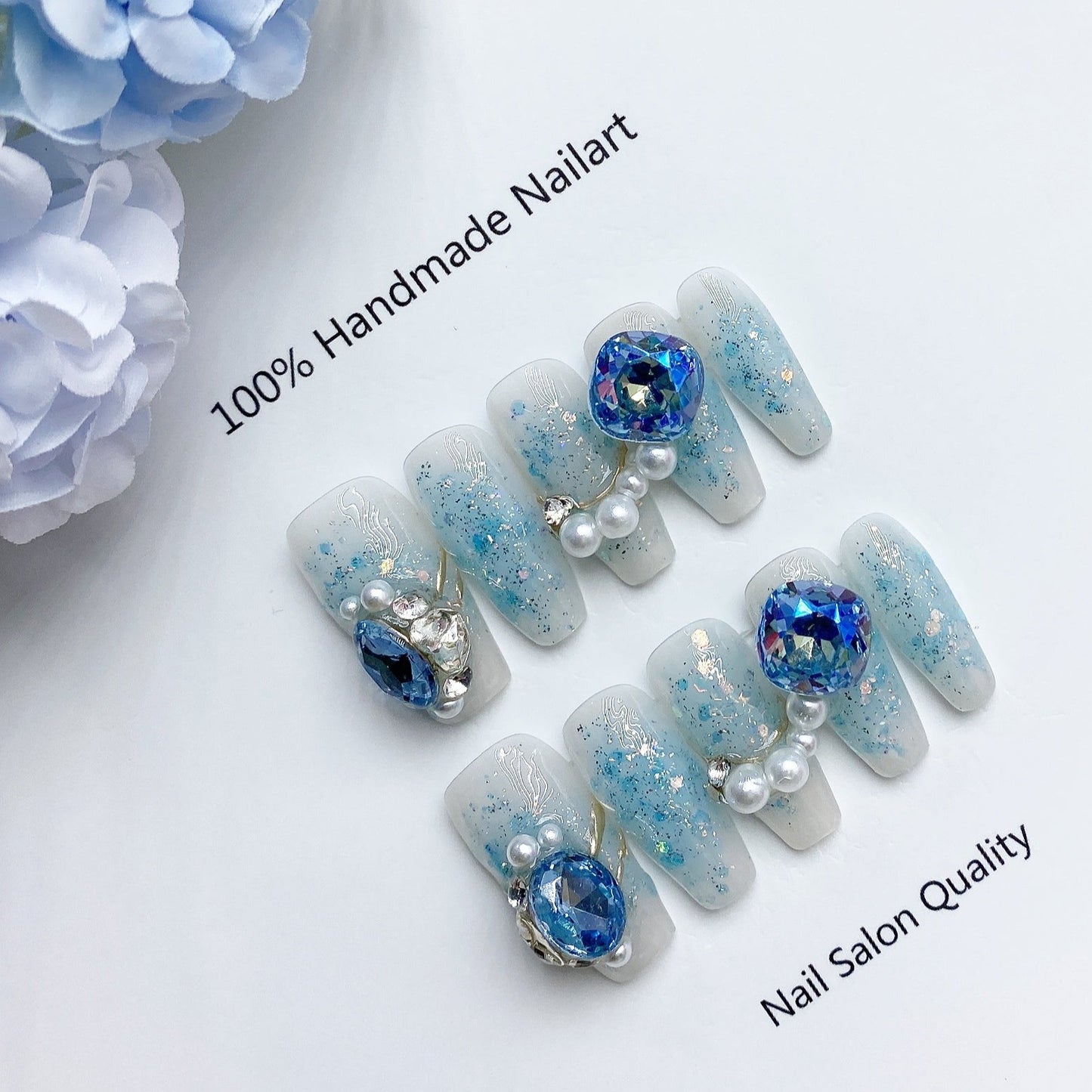 Handmade Nails Press on Nails DIY Nail Art for Woman Girl Nail Design Long Coffin Blue 2023