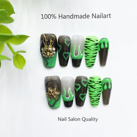 Handmade Nails Press on Nails DIY Nail Art for Woman Girl Nail Design Long Coffin Green 2023