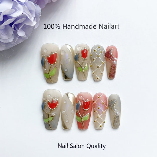 Handmade Nails Press on Nails DIY Nail Art for Woman Girl Nail Design Long Coffin Tulip 2023