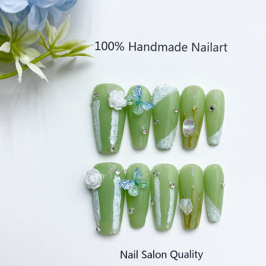 Handmade Nails Press on Nails DIY Nail Art for Woman Girl Nail Design Long Coffin Light Green 2023