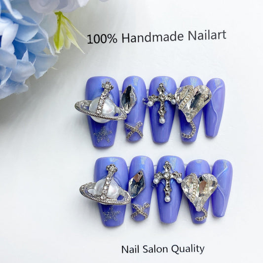 Handmade Nails Press on Nails DIY Nail Art for Woman Girl Nail Design Long Coffin Blue 2023