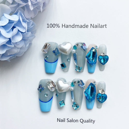 Handmade Nails Press on Nails DIY Nail Art for Woman Girl Nail Design Long Coffin Blue 2023