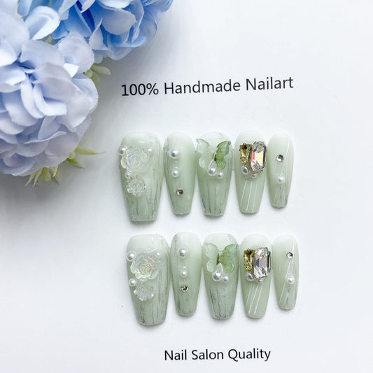 Handmade Nails Press on Nails DIY Nail Art for Woman Girl Nail Design Long Coffin Light Green 2023