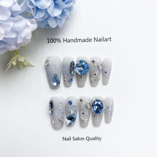 Handmade Nails Press on Nails DIY Nail Art for Woman Girl Nail Design Long Coffin Blue 2023