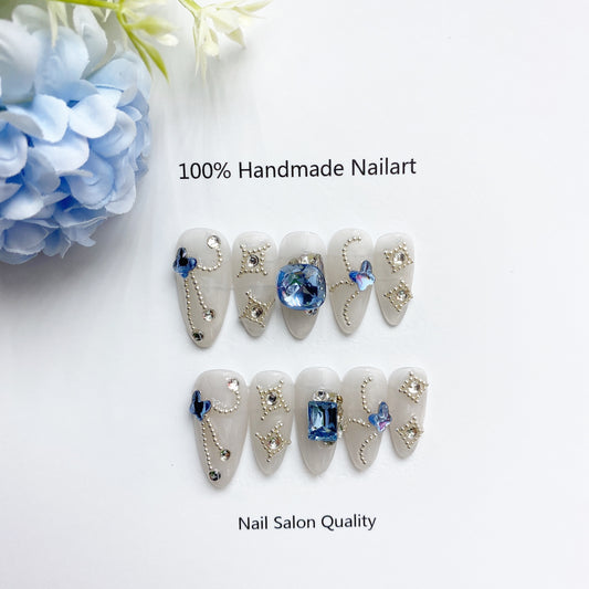 Handmade Nails Press on Nails DIY Nail Art for Woman Girl Nail Design Long Coffin Blue 2023