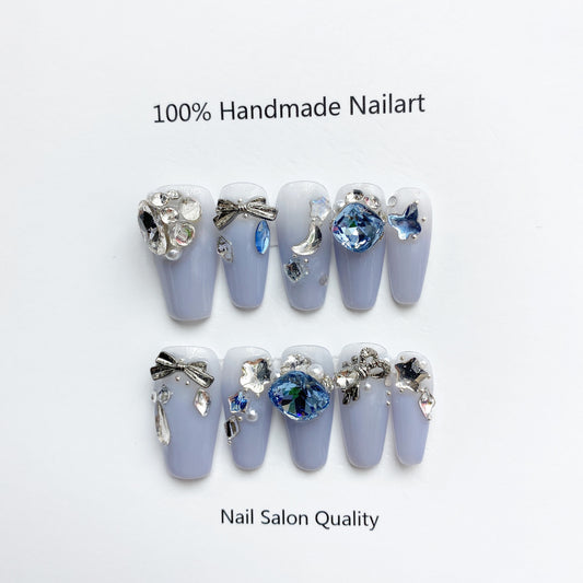 Handmade Nails Press on Nails DIY Nail Art for Woman Girl Nail Design Long Coffin Blue 2023