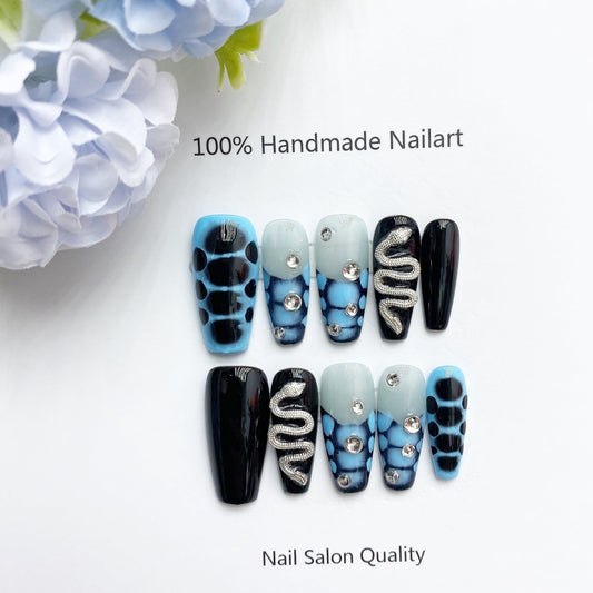 Handmade Nails Press on Nails DIY Nail Art for Woman Girl Nail Design Long Coffin Blue 2023