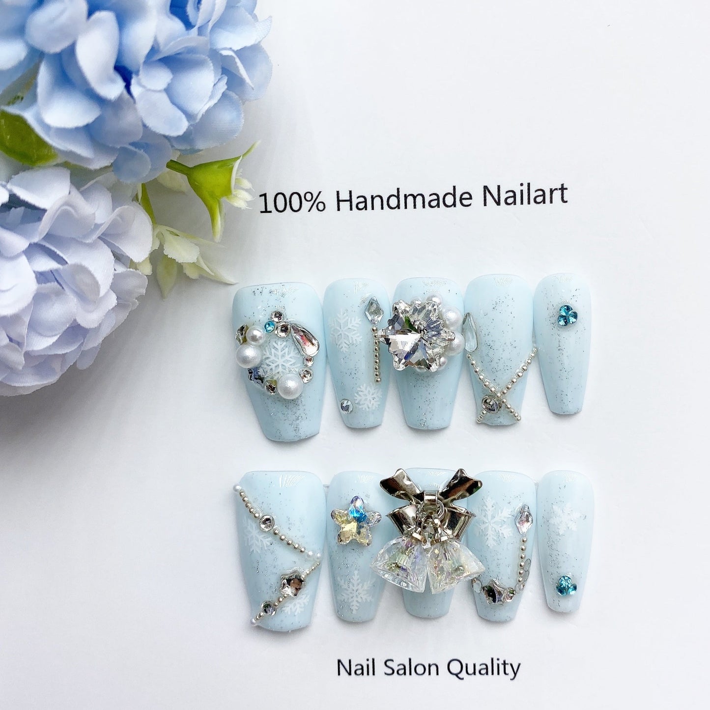 Handmade Nails Press on Nails DIY Nail Art for Woman Girl Nail Design Long Coffin Blue 2023