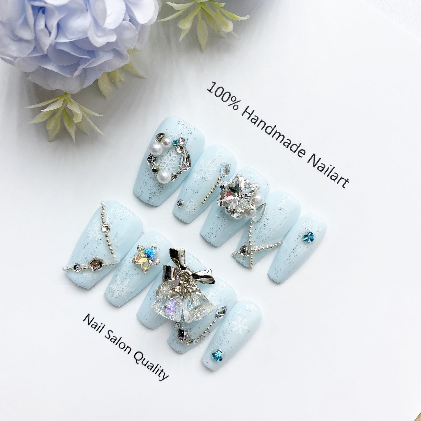 Handmade Nails Press on Nails DIY Nail Art for Woman Girl Nail Design Long Coffin Blue 2023