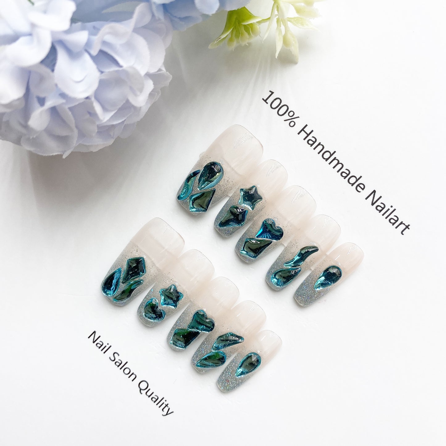 Handmade Nails Press on Nails DIY Nail Art for Woman Girl Nail Design Long Coffin Blue 2023