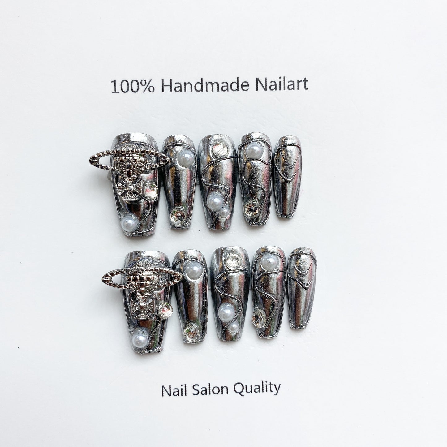 Handmade Nails Press on Nails DIY Nail Art for Woman Girl Nail Design Long Coffin Silver 2023