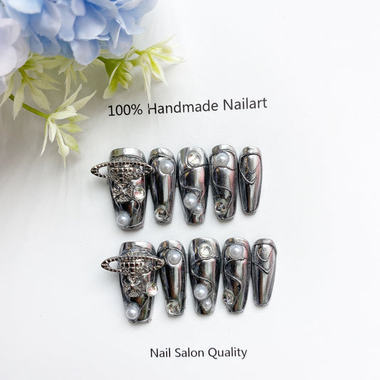 Handmade Nails Press on Nails DIY Nail Art for Woman Girl Nail Design Long Coffin Silver 2023