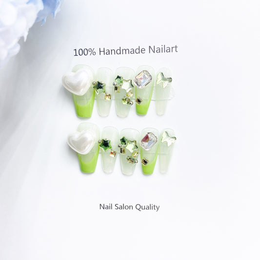 Handmade Nails Press on Nails DIY Nail Art for Woman Girl Nail Design Long Coffin Green 2023