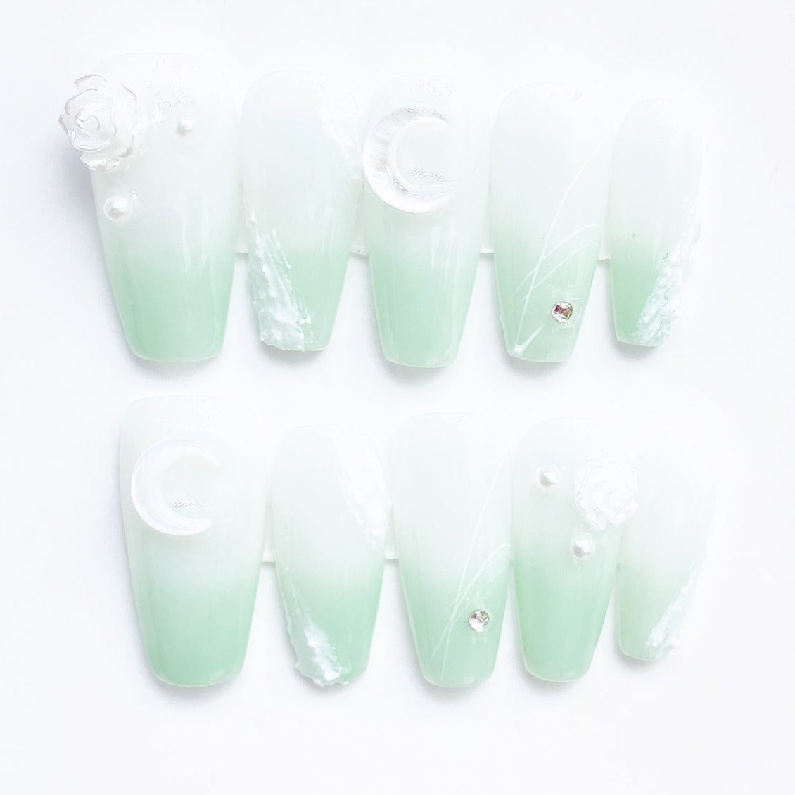 Handmade Nails Press on Nails DIY Nail Art for Woman Girl Nail Design Long Coffin Whitew Green 2023