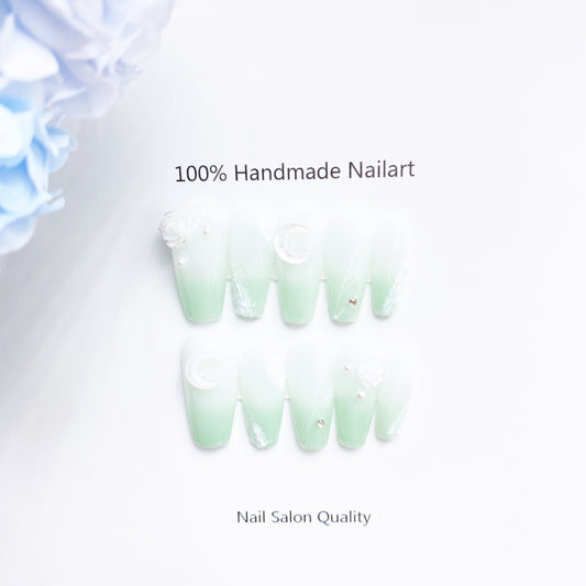 Handmade Nails Press on Nails DIY Nail Art for Woman Girl Nail Design Long Coffin Whitew Green 2023